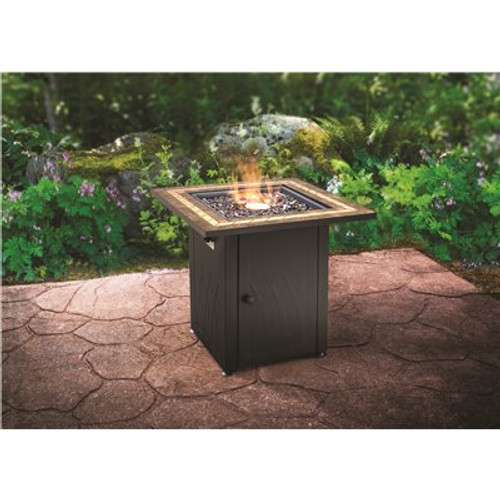 Pleasant Hearth Atlantis 28 in. x 26 in. Square Steel Propane Gas Fire Pit Table in Black with Glass Fire Rocks
