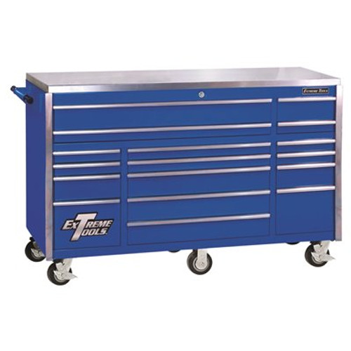 Extreme Tools 72 in. 17-Drawer Professional Roller Cabinet with Stainless Steel Work Surface in Blue
