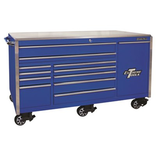76 in. 12-Drawer Professional Roller Cabinet Includes Vertical Power Tool Drawer & Stainless Steel Work Surface in Blue