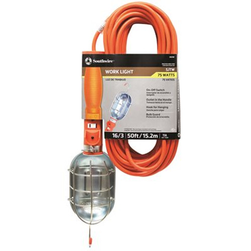 Southwire 75-Watt 50 ft. 16/3 SJTW Incandescent Portable Heavy-Duty Guarded Trouble Work Light with Hanging Hooks