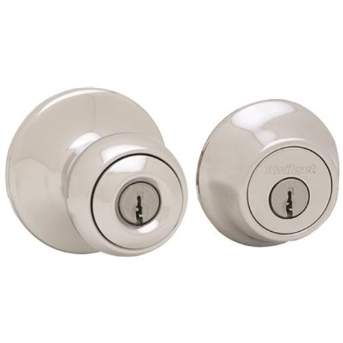 Kwikset Polo Satin Nickel Single Cylinder Entry Door Knob Lock Deadbolt Combo Pack with Microban Antimicrobial Technology