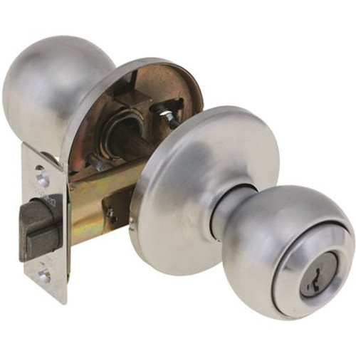 Kwikset Polo Satin Chrome Keyed Entry Door Knob featuring SmartKey Security