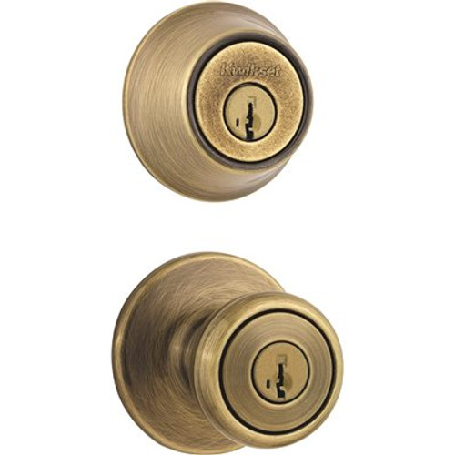 Kwikset Tylo Antique Brass Entry Door Knob and Single Cylinder Deadbolt Combo Pack Featuring SmartKey Security