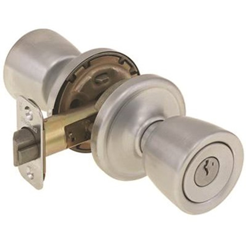 Kwikset Abbey Satin Chrome Exterior Entry Door Knob Featuring SmartKey Security