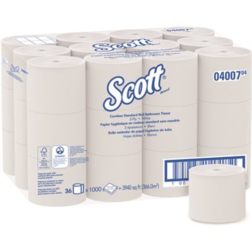 Scott Coreless Standard Roll Toilet Paper, 2-Ply Standard Rolls (36 Rolls/Case, 1,000 Sheets/Roll, 36,000 Sheets/Case)