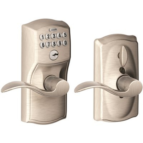 Schlage Camelot Satin Nickel Electronic Keypad Door Lock with Accent Door Lever Featuring Flex Lock