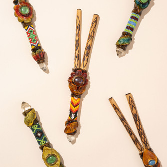 Handmade Yawanawa kuripe applicators displayed together for ceremonial hapé use