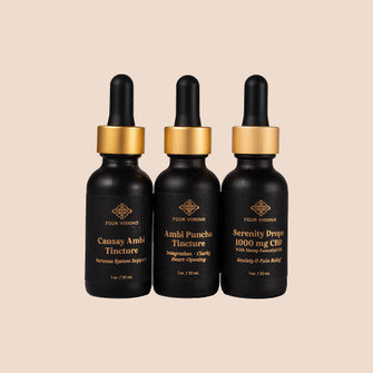 Stress relief bundle with Causay Ambi tincture, Ambi Puncha tincture, and CBD Serenity Drops on beige background