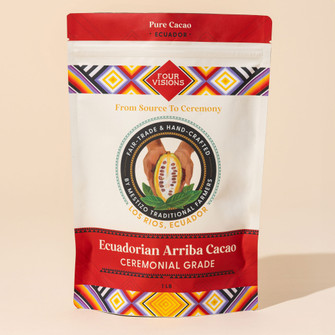 Ecuadorian Arriba ceremonial cacao in white product bag with cacao pod illustration