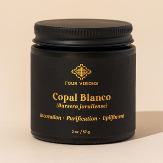 Copal Blanco prayer smudge resin in black jar on beige background