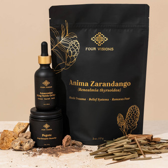 Lineage Healing Bundle with ortiga tincture, anima zarandango leaves, and pegote resin displayed on beige background