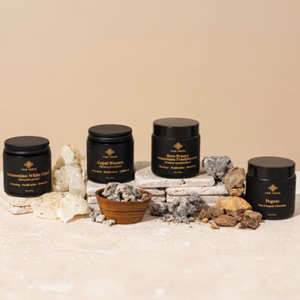 Shamanic Smudge Bundle with Amazonian white copal, Copal Blanco, Breu Branco, and Pegote resin displayed on beige background