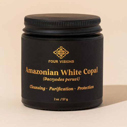 Amazonian white copal incense resin in black jar