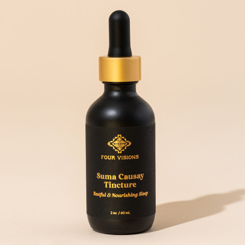 Suma Causay tincture herbal extract in dropper bottle on beige background