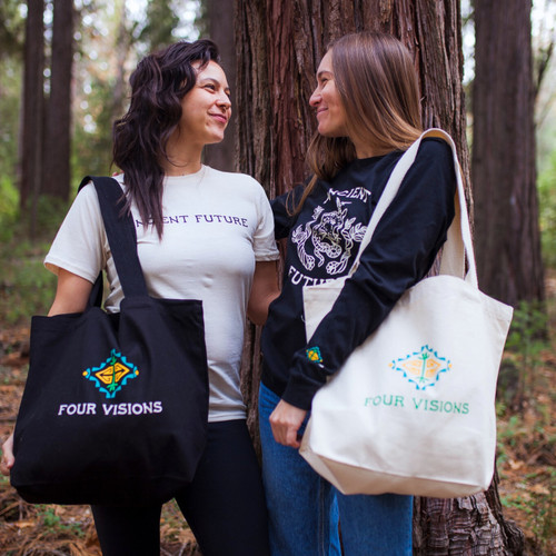 Organic canvas tote bags in black and white worn by two women