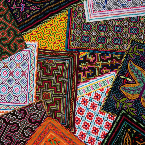 Shipibo altar cloth with traditional geometric pattern