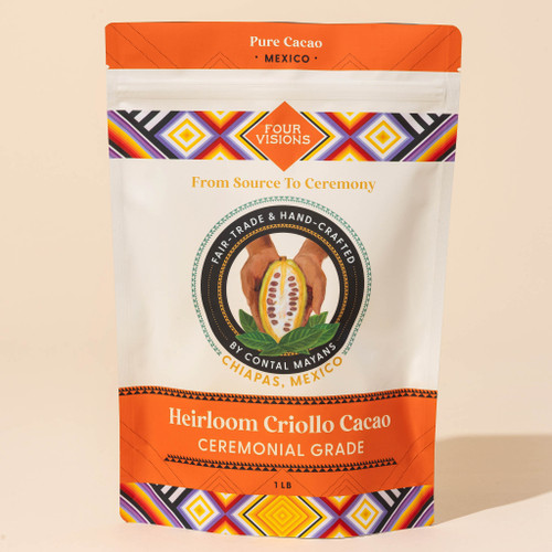 Criollo Mexican ceremonial cacao in orange and white product bag