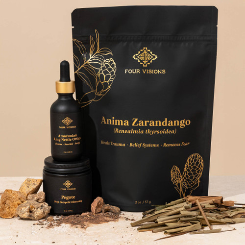 Lineage Healing Bundle with ortiga tincture, anima zarandango leaves, and pegote resin displayed on beige background