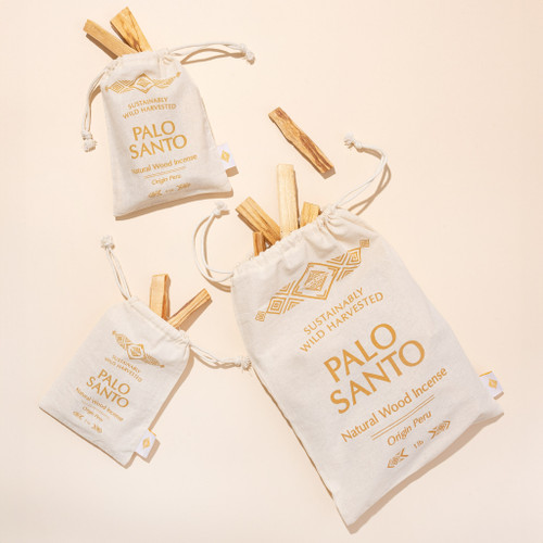 Peruvian palo santo sticks in canvas bags in 2 oz, 4 oz, and 1 lb sizes