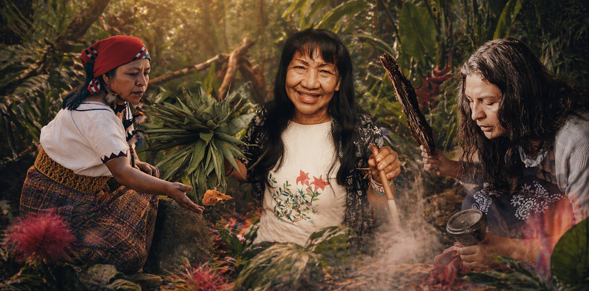 Three women in a lush forest preparing traditional plants—one smiling while holding leaves, another grinding ingredients over a fire, and a third examining herbs, surrounded by greenery and warm sunlight.