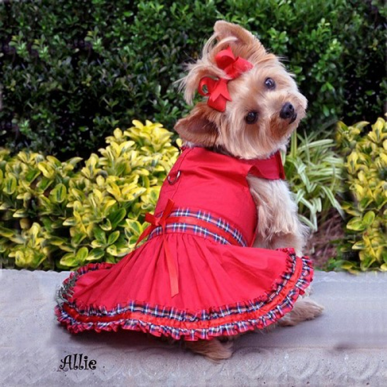 Red Tartan Female Dog Dress with Black Bow East Side Collection