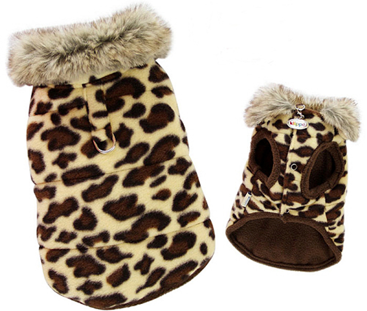 Leopard Print Double Fleece Dog Coat w/ Fur Collar