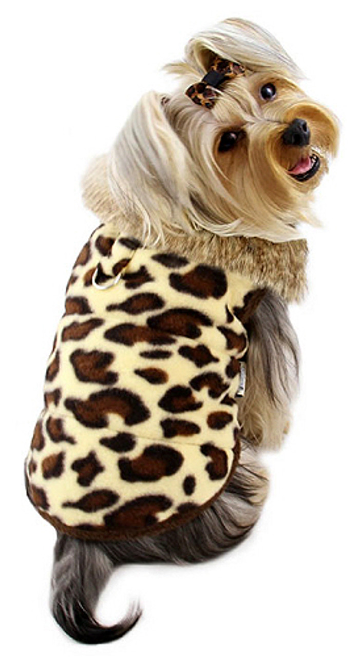 Leopard Print Double Fleece Dog Coat w/ Fur Collar | Klippo