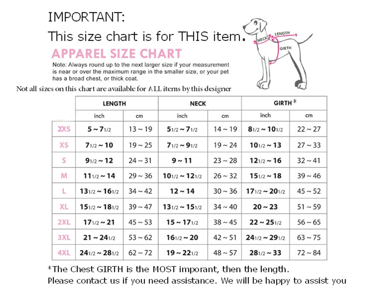 Dog Costume Size Chart