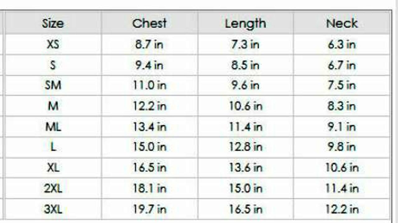 Puppy Angel Size Chart