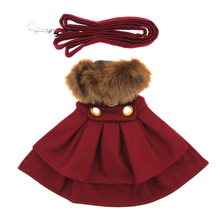 Burgundy Wool Fur Collar Harness Dog Coat & Leash
