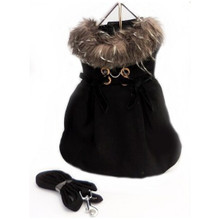 Black Wool w/ Silver Fur Collar Harness Dog Coat & Leash
