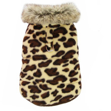 Leopard Print Double Fleece Dog Coat w/ Fur Collar