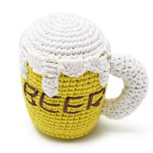 Fun crocheted Beer Mug squeaky dog toy.