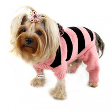 Pink Stripy Dog Bodysuit with Long Hoodie and Pompom