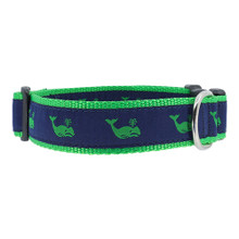 Cat or Dog Collar - Whales Green on Navy - 1/2, 3/4, 1 1/4