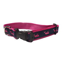 Cat or Dog Collar - Whales Pink on Navy - 1/2, 3/4, 1 1/4