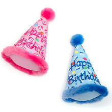 Birthday Boy Hat Dog Toy, image of blue and pink  hats