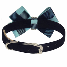 Tiffi Blue Gingham Nouveau Bow Dog Collar - Custom