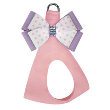 Daisy Polka Dot Double Nouveau Bow Step In Harness image, puppy pink with french lavender and pink polka dot double nouveau bow.