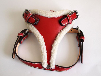 Cherry Red Leather & Sherpa Dog Harness and Leash