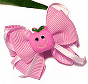 Happy Face Pink Apple with Pink Ribbon Dog Hair Bow