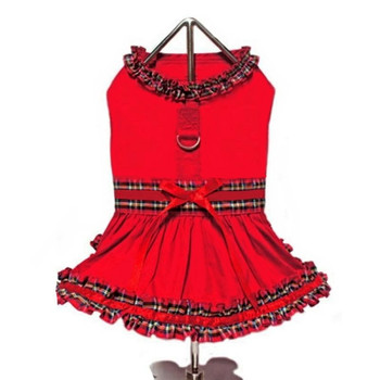 Red Tartan Plaid Holiday Dog Dress with Leash