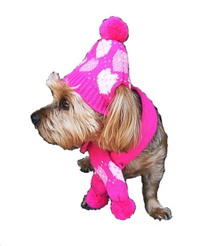 Sassy Knitted Winter Pet Dog Hat & Scarf - Pink Hearts