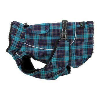 Navy Blue and Turquoise Plaid Alpine Flannel Dog Coat - Size Medium