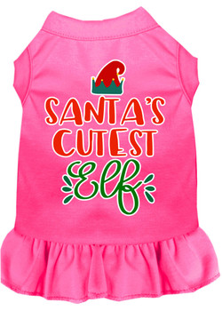 Santa's Cutest Elf Screen Print Dog Dress - Bright Pink