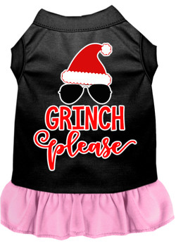 Grinch Please Screen Print Dog Dress - Black With Light Pink Skirt