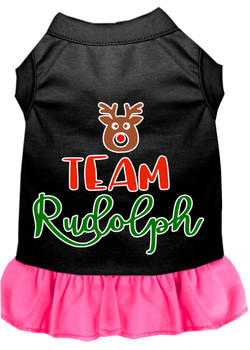 Team Rudolph Screen Print Dog Dress - Black With Bright Pink