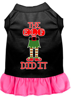 The Elf Did It Screen Print Dog Dress - Black With Bright Pink