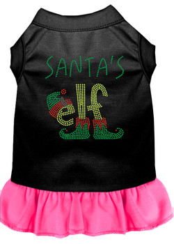 Santa's Elf Rhinestone Dog Dress - Black With Bright Pink Skirt