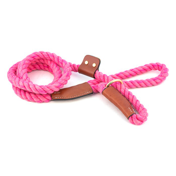 Cotton Rope Slip Leash with Leather Accents - Pink